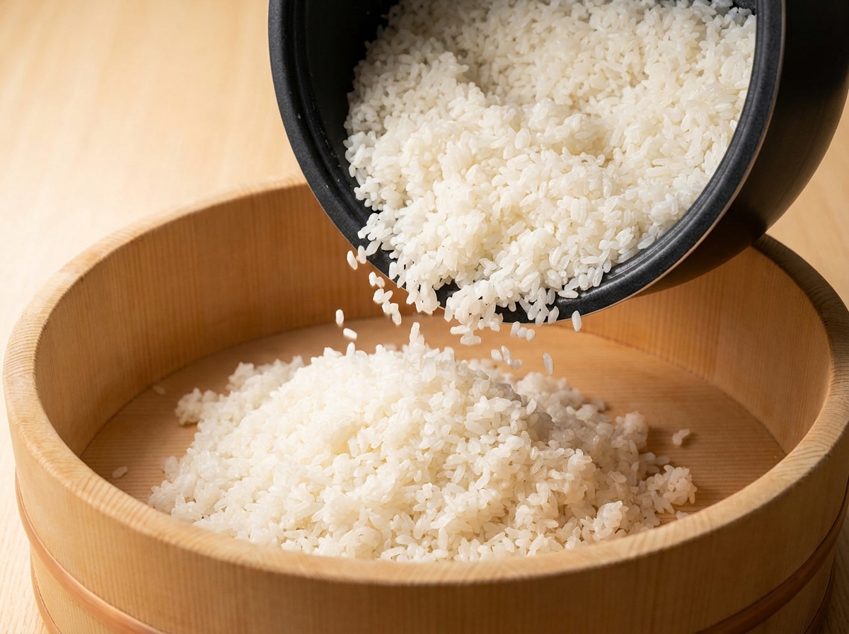 炊き立てのご飯を木製の飯台に移す様子