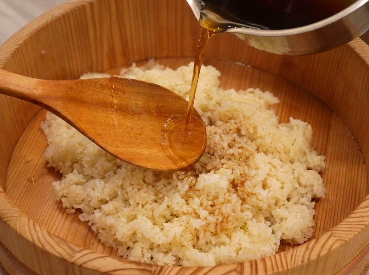 温かいご飯に合わせ酢を均等にかける様子