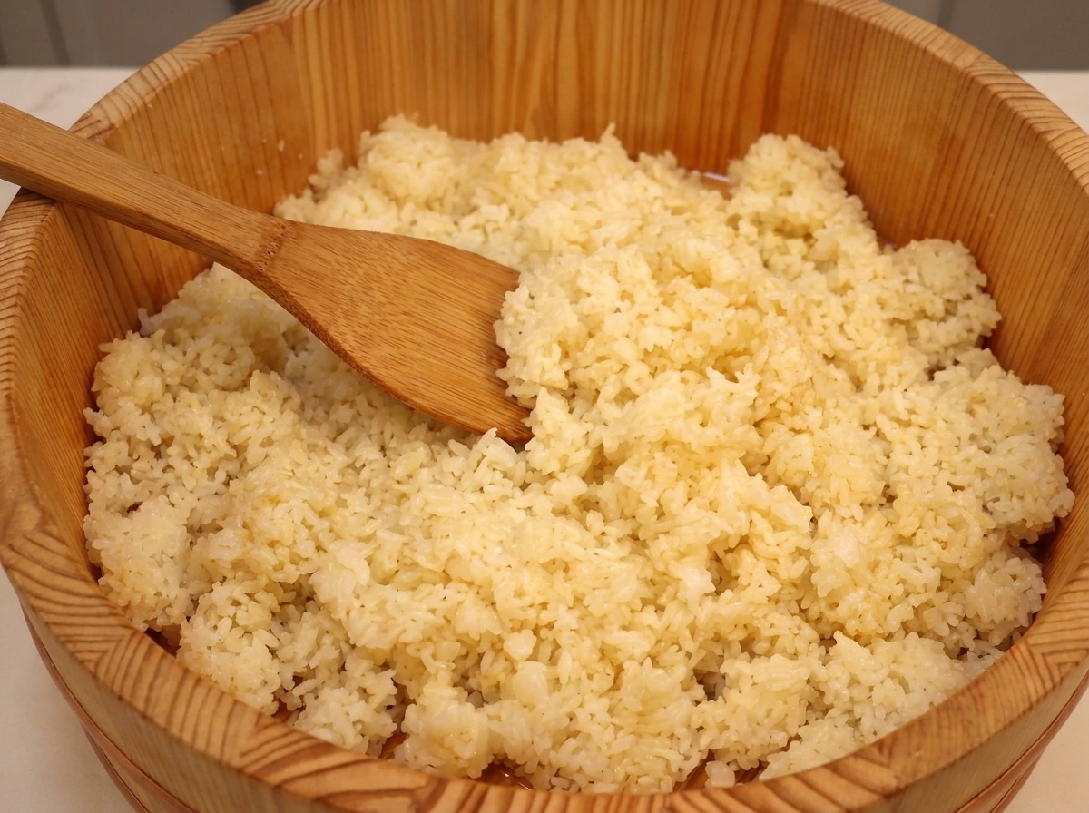 しゃもじでご飯を切るように手早く混ぜる様子