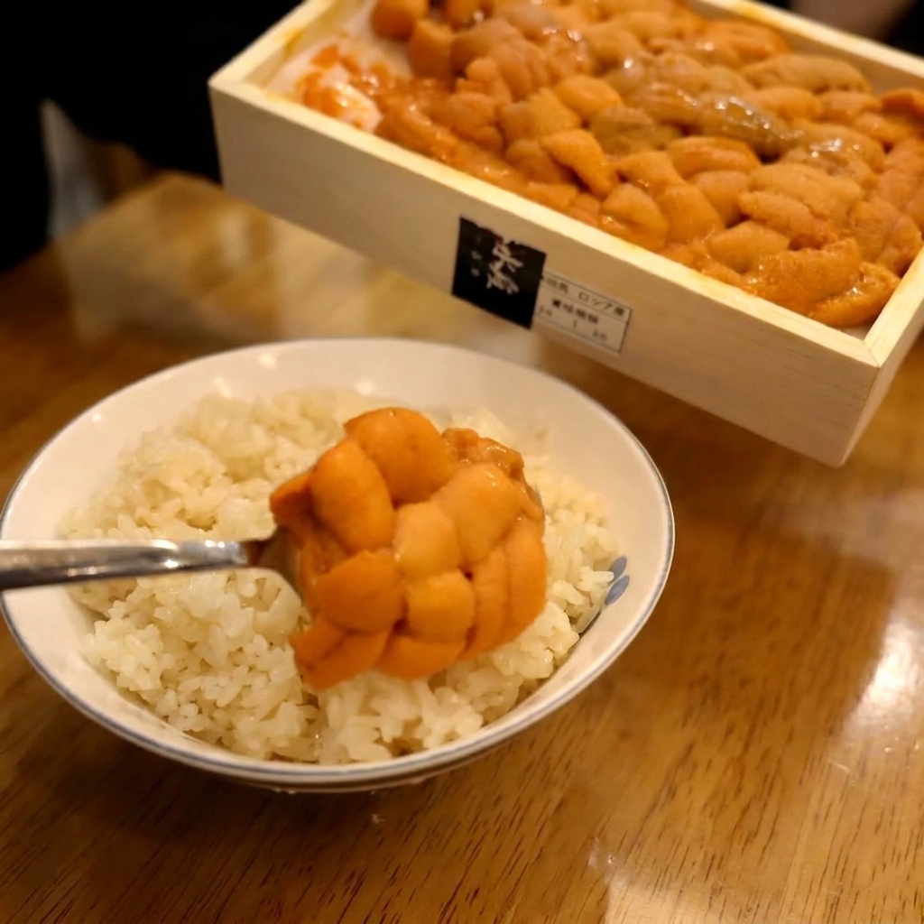 酢飯の上にウニといくらを贅沢に盛り付ける様子
