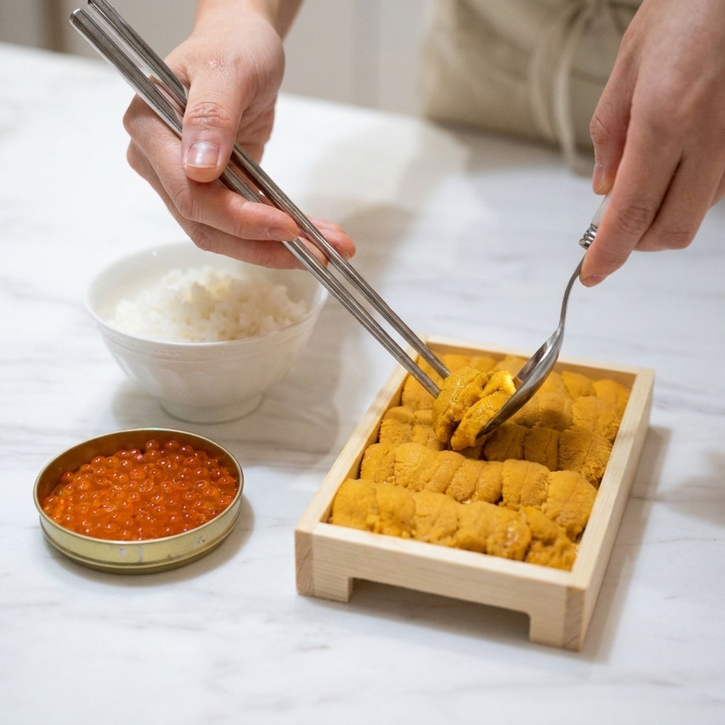 木箱に入った鮮やかなオレンジ色のうにを、箸とスプーンを使って丼のご飯の上へ丁寧に移動させる様子。