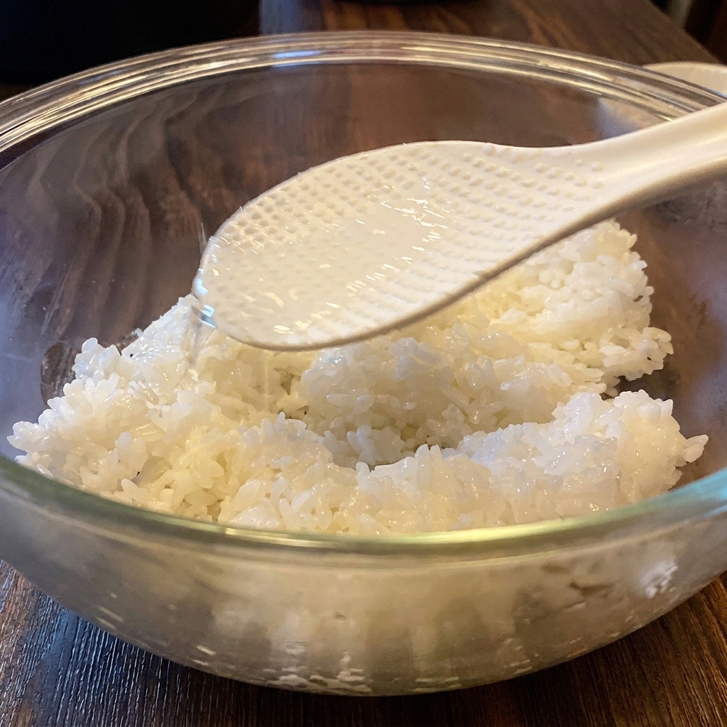 ボウルの中のご飯の上で、しゃもじを伝わせながらすし酢を回しかける様子。