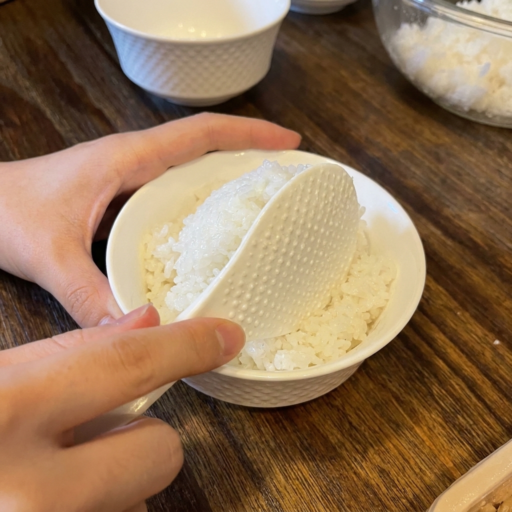 白い陶器の器に、しゃもじを使ってふんわりと酢飯を盛り付けている様子。