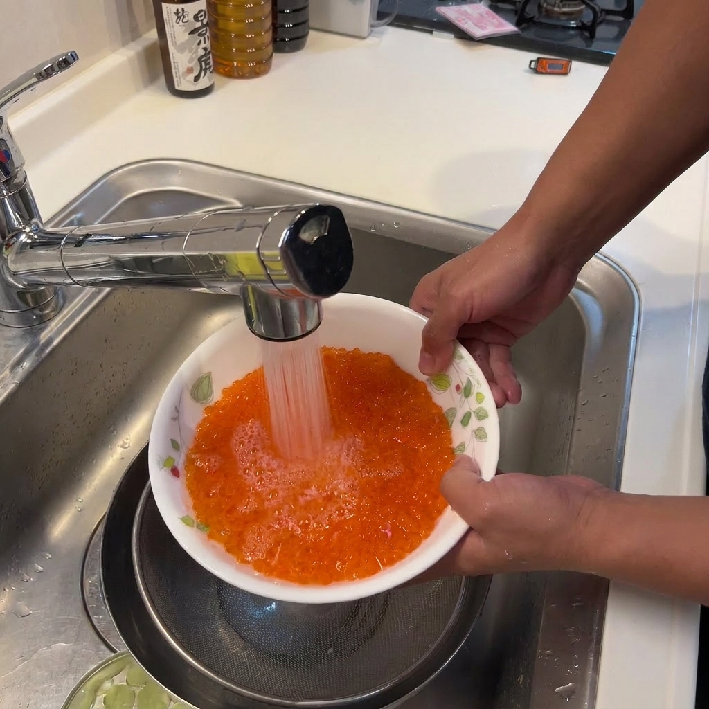 ボウルに入ったいくらを、キッチンの蛇口からの流水で洗い流しているクローズアップ。水が透明に透き通っている。