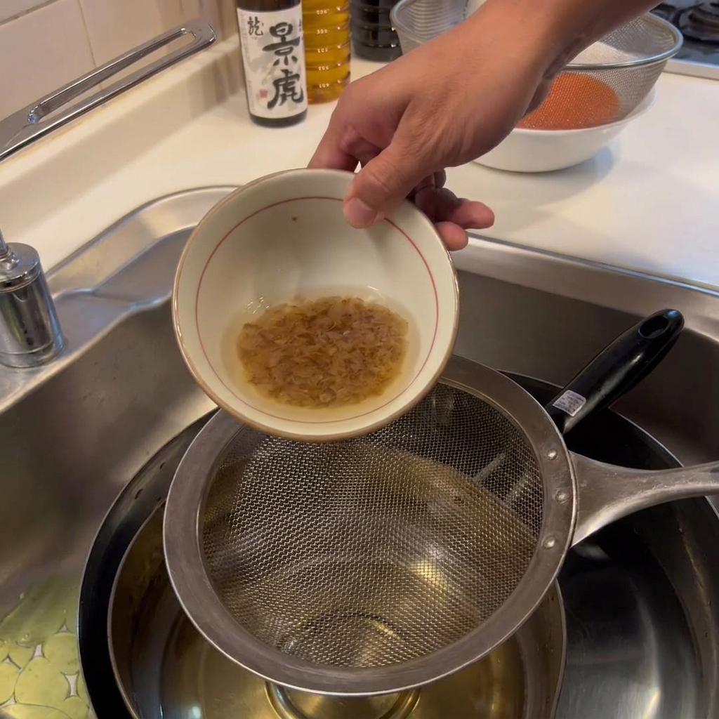 黄金色のだし汁を、ザルでかつお節を濾しながら鍋に注いでいるキッチンでの作業風景。