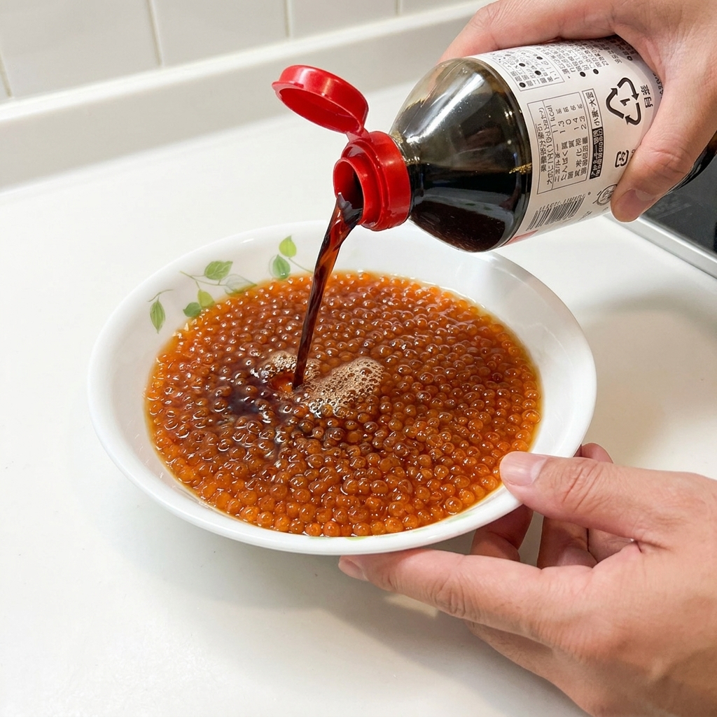 きれいに洗われたいくらの入った白いボウルに、濃口醤油を注いでいる様子。