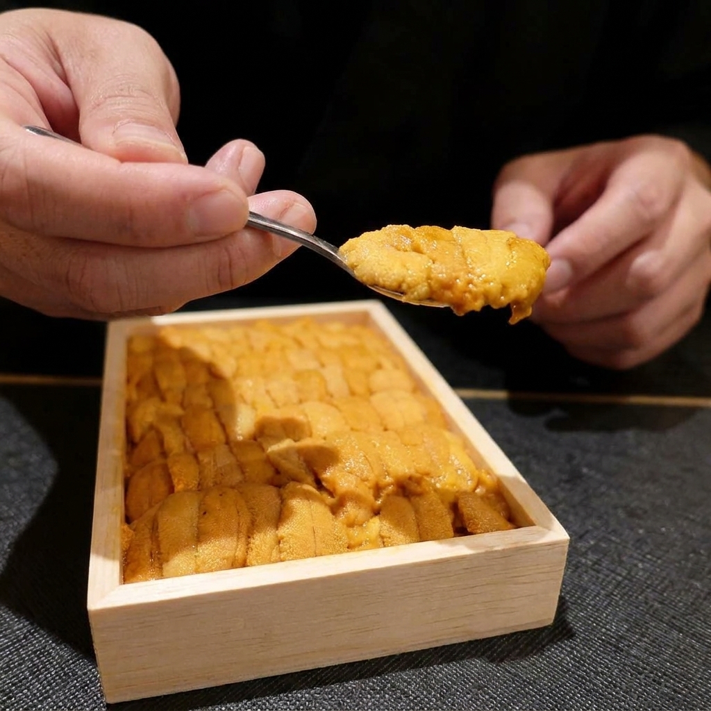 小さなスプーンで、木箱から鮮やかなオレンジ色のウニをすくい、丼にのせる様子。