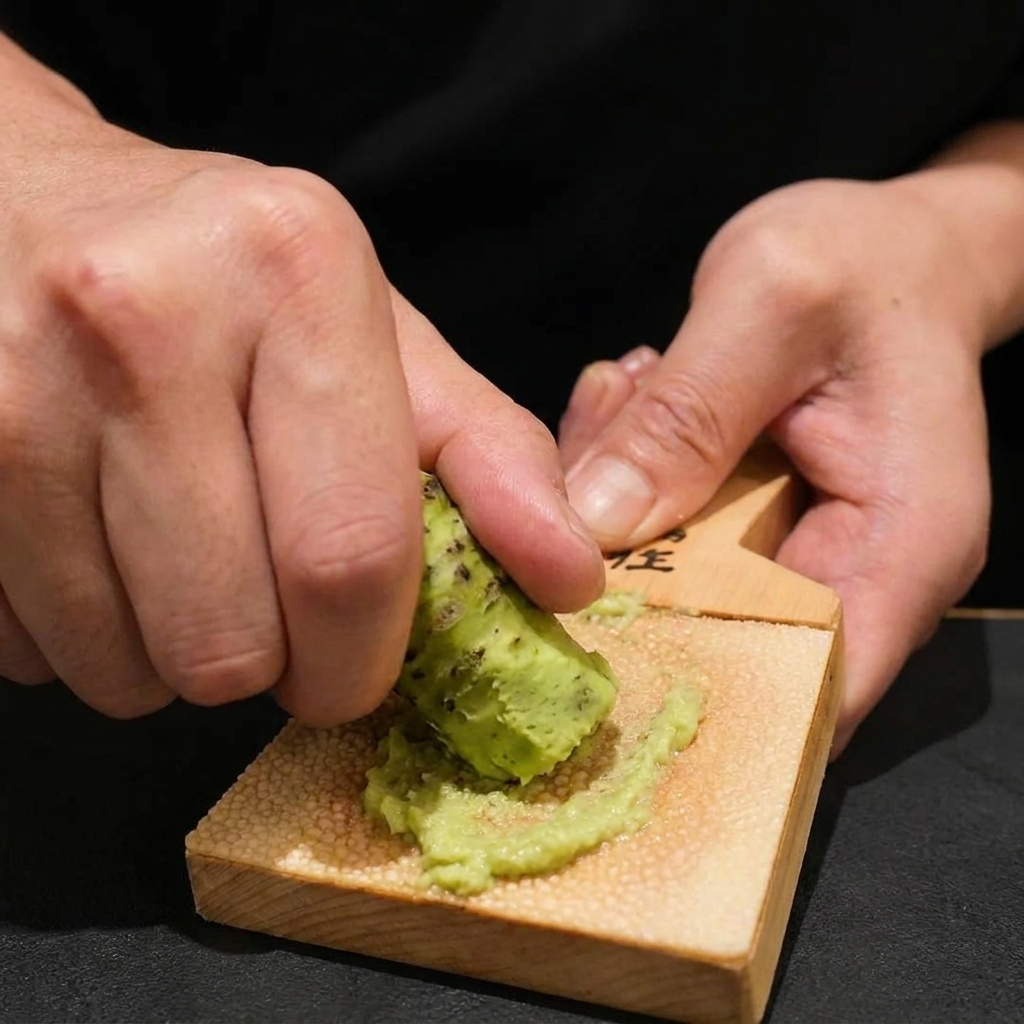 おろし金の上で、新鮮な本わさびを円を描くようにすりおろす様子。
