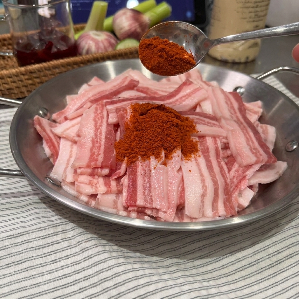 ボウルに入った薄切りの豚バラ肉に、赤いシーズニングパウダーとみじん切りのにんにくを加えている様子。