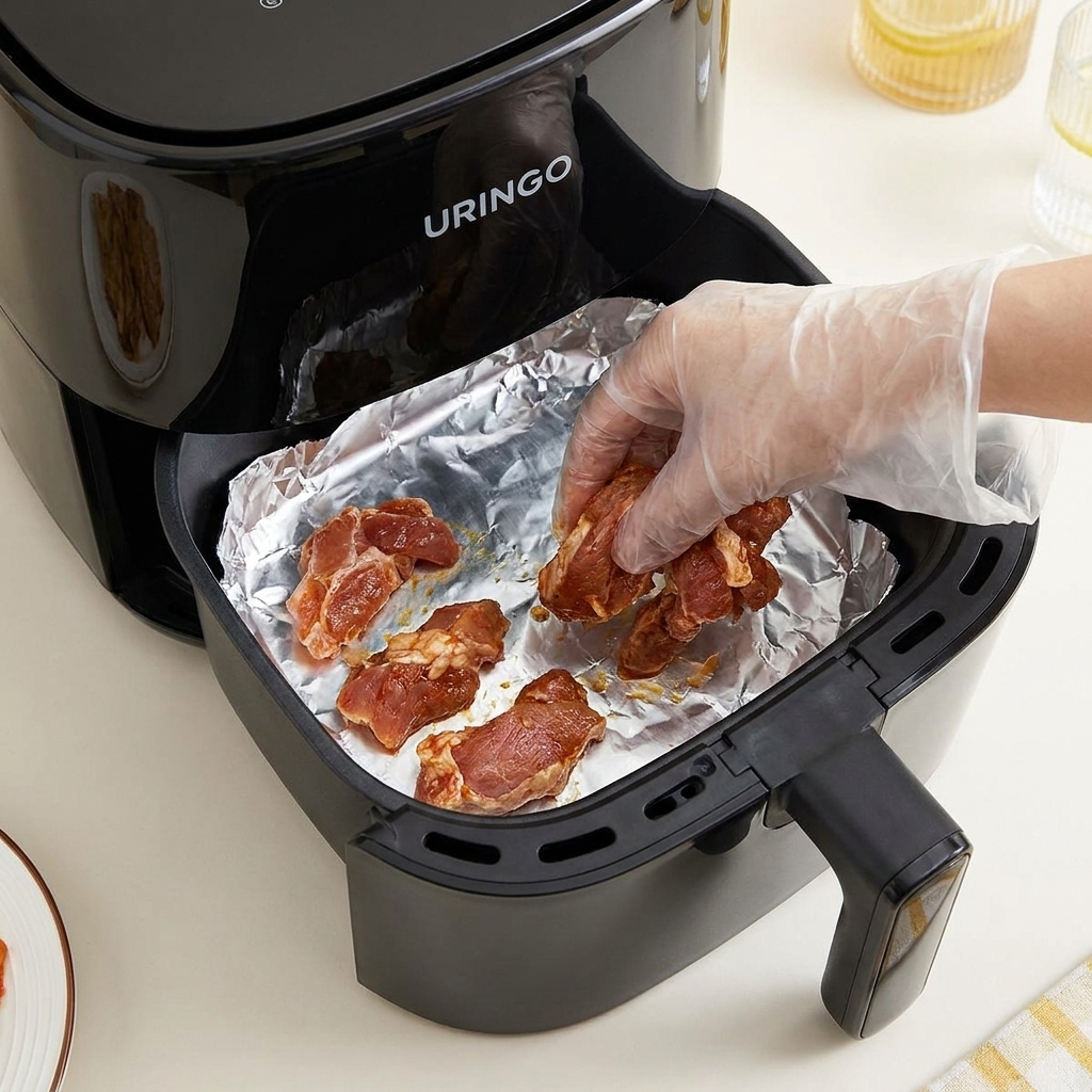 手袋をはめた手が、アルミホイルを敷いたエアフライヤーのバスケットに、下味をつけた赤褐色の豚バラ肉を並べている様子。