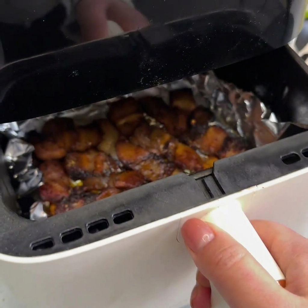 アルミホイルを敷いたエアフライヤーのバスケットの中で、箸を使って茶色く焼けた豚バラ肉のスライスを裏返している人。