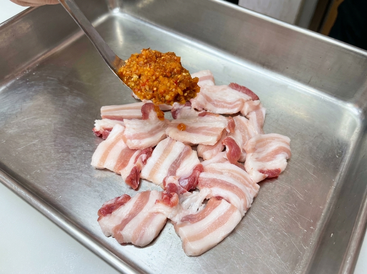 スライスされた生の豚バラ肉に、スプーンで赤いマリネ液を乗せている様子。