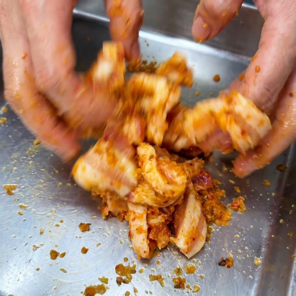 金属製のバットの中で、豚バラ肉に赤いスパイスだれを手でしっかりと揉み込んでいる様子。