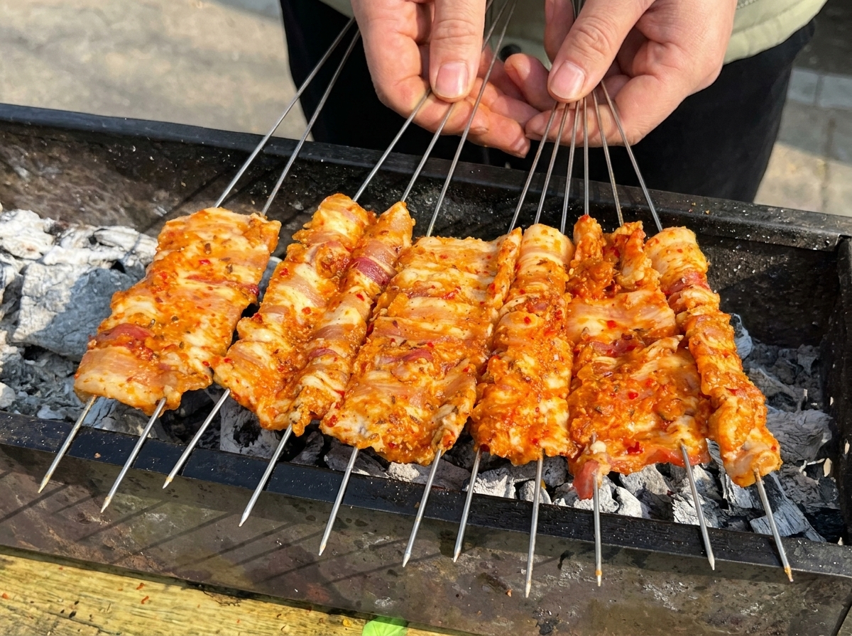 黒い炭火グリルの上に、2本串に刺さった豚肉が平らに並べられている様子。