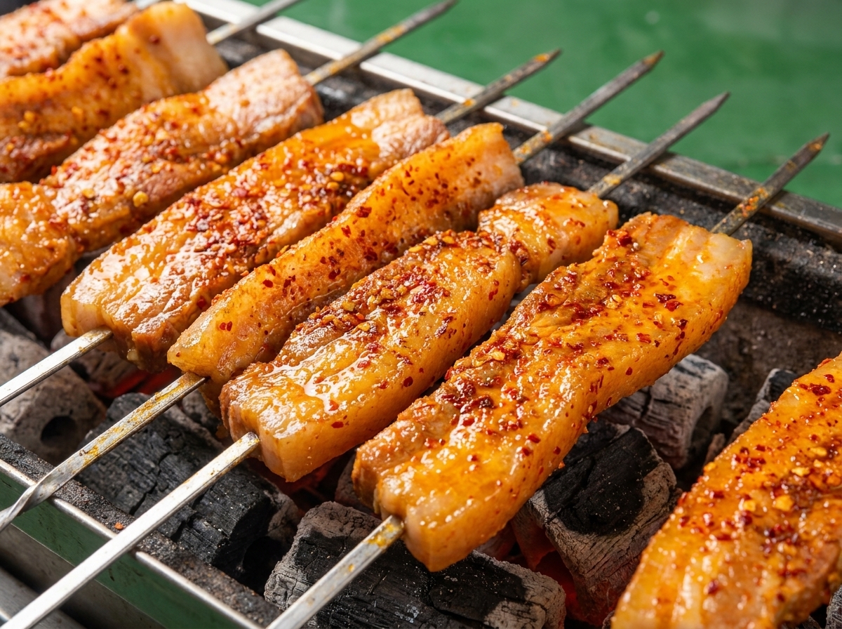 香ばしく焼き色がつき、脂が滴る豚串を熱い炭火の上で裏返している様子。
