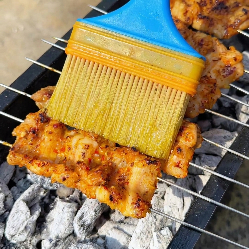炭火の上で焼かれている豚串に、青いハケで油を塗っている様子。