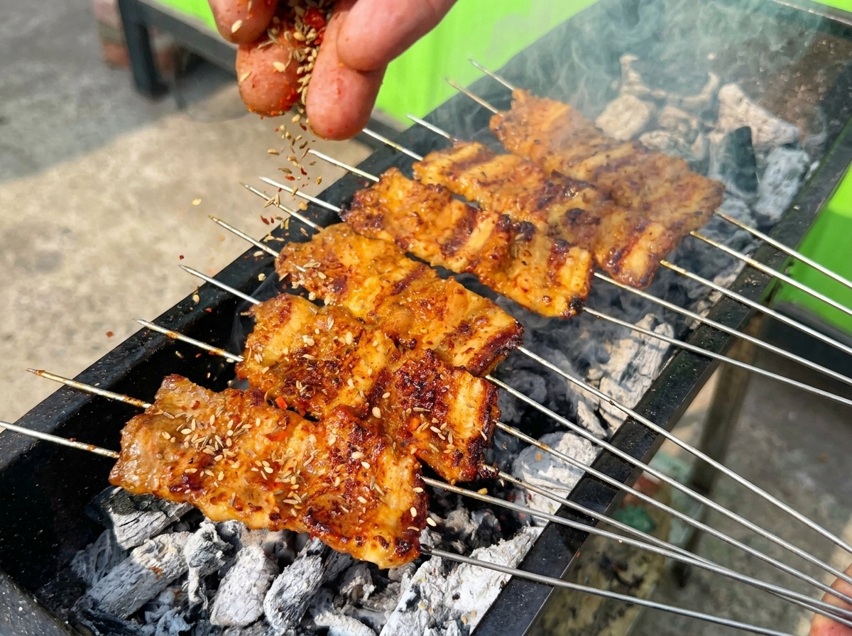 煙の上がるグリルで焼かれた豚串に、手でスパイスやごまを振りかけている様子。