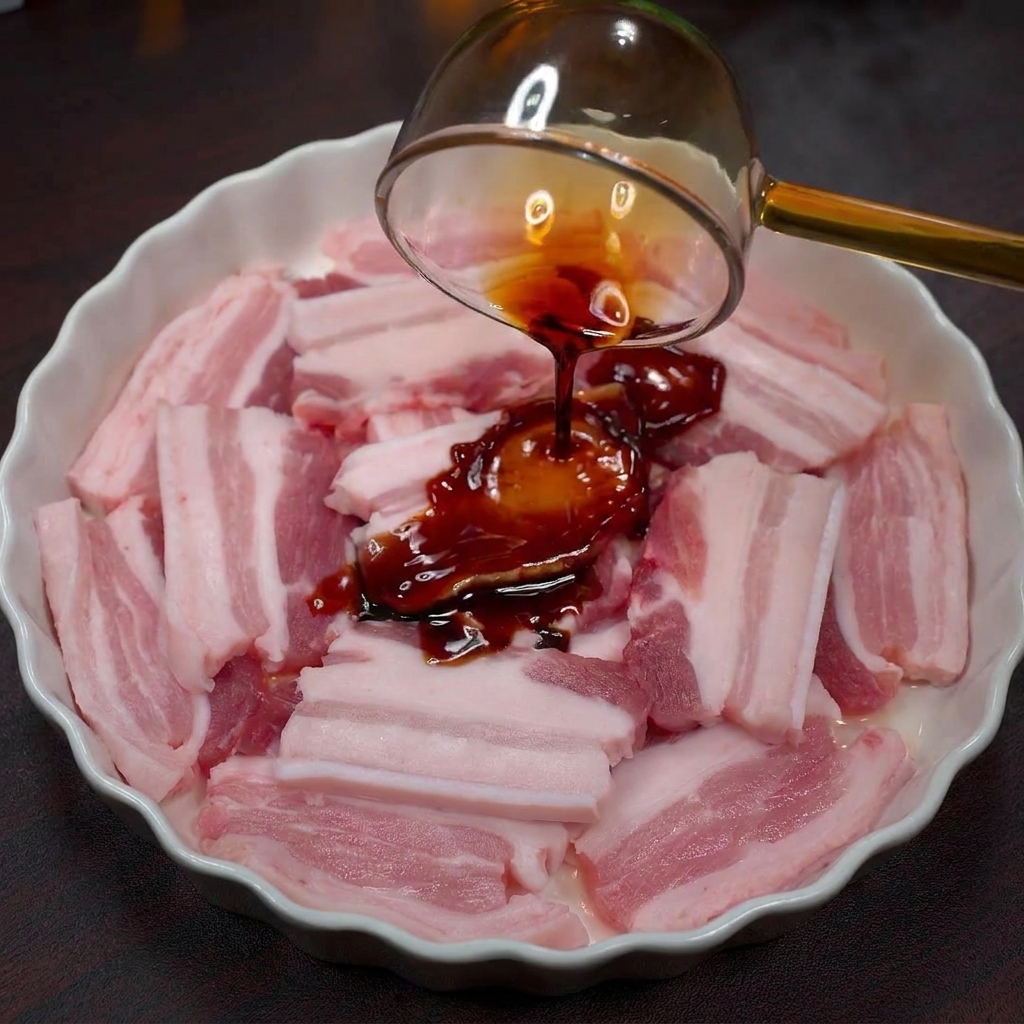 赤いBBQシーズニングを豚肉に振りかけている様子
