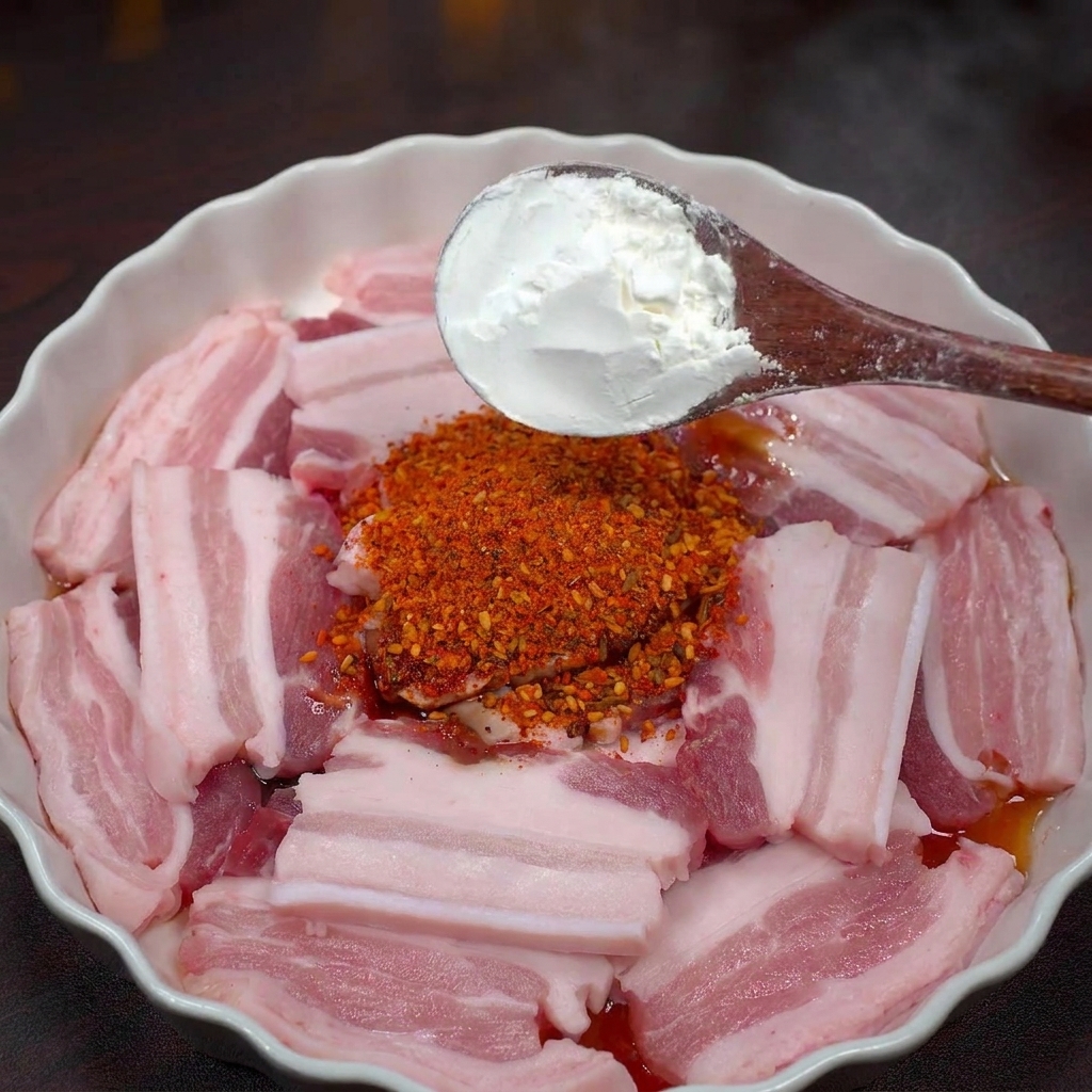 スパイスの効いた豚肉の上に白いコーンスターチを乗せている様子