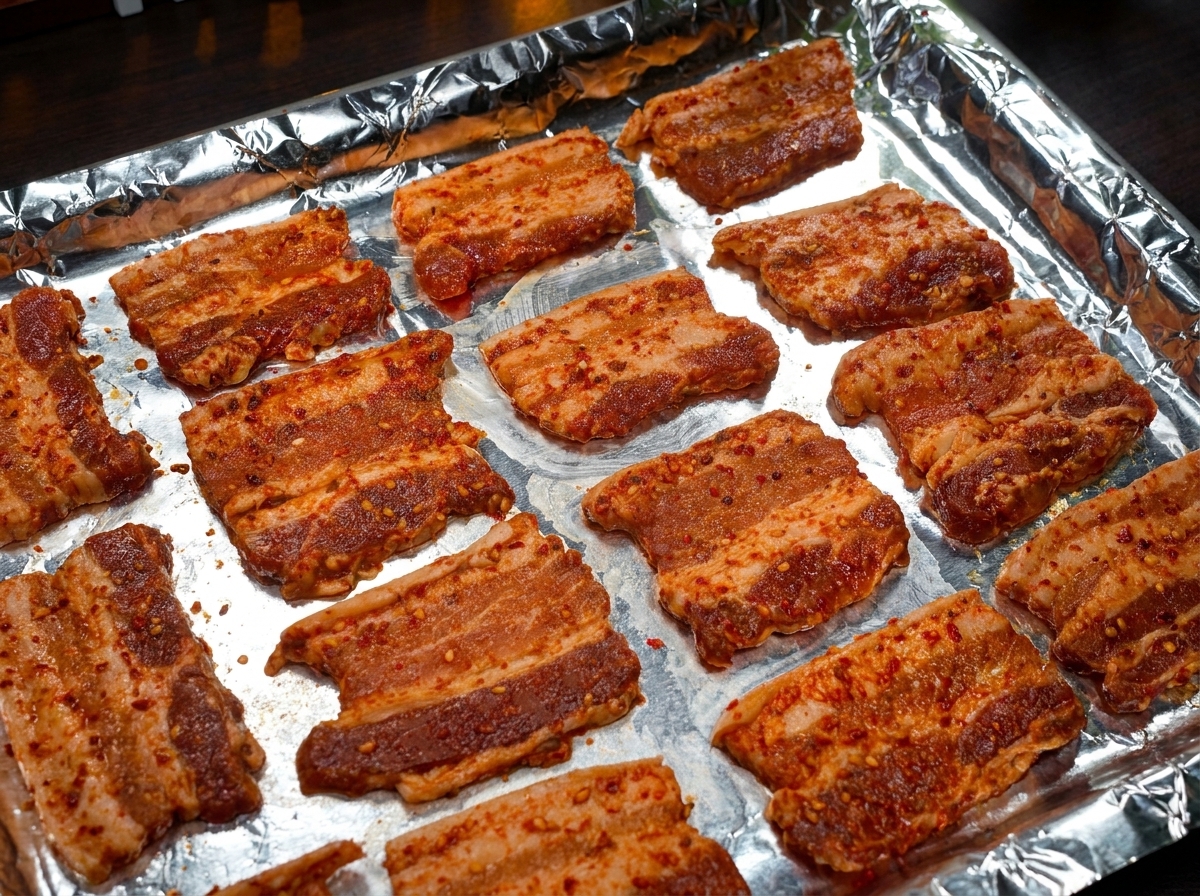 焼く直前の、天板に並べられた豚バラ肉のアップ