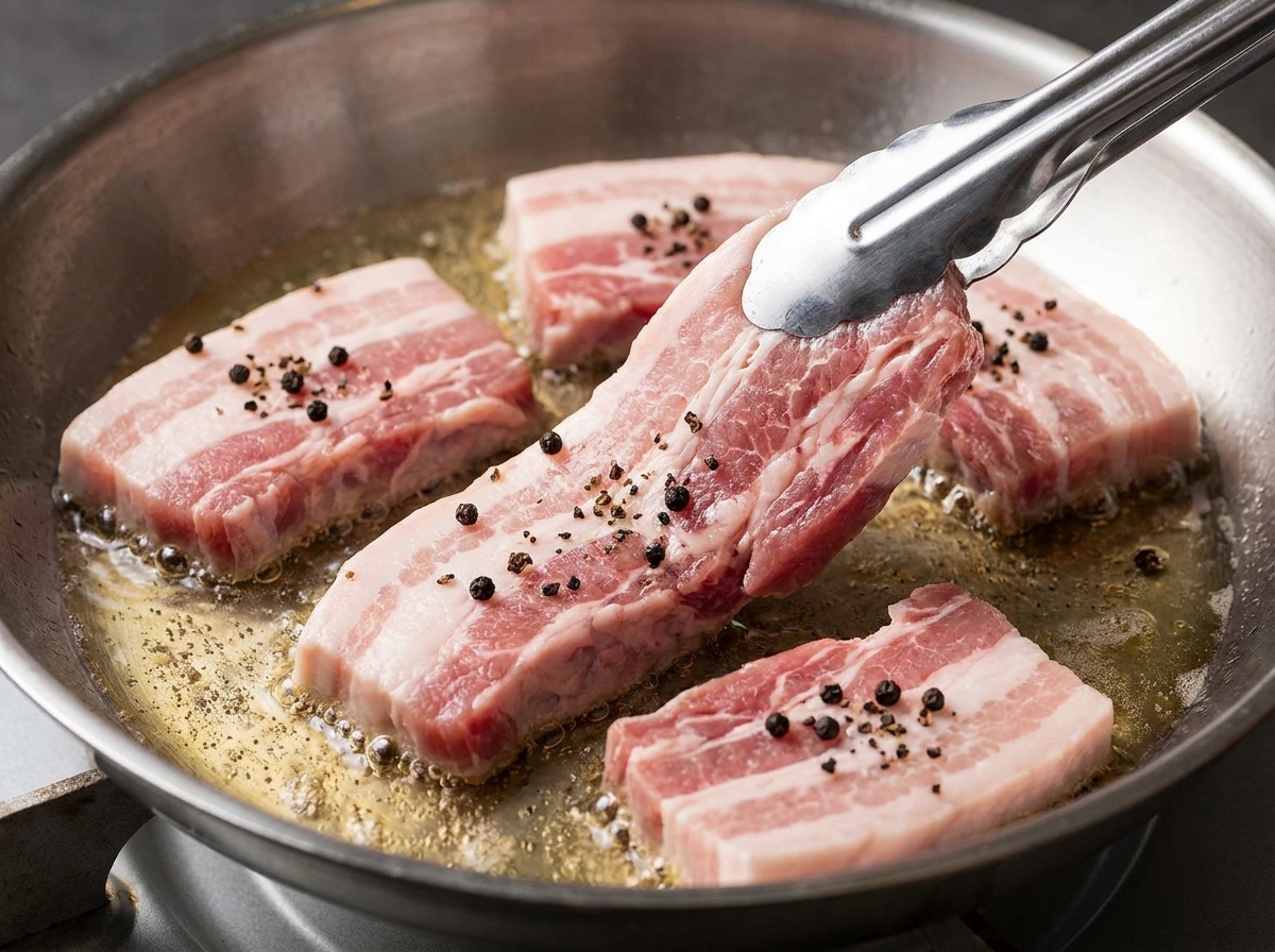 熱したグリルパンに、タレの絡んだ豚バラ肉を並べて焼く様子。