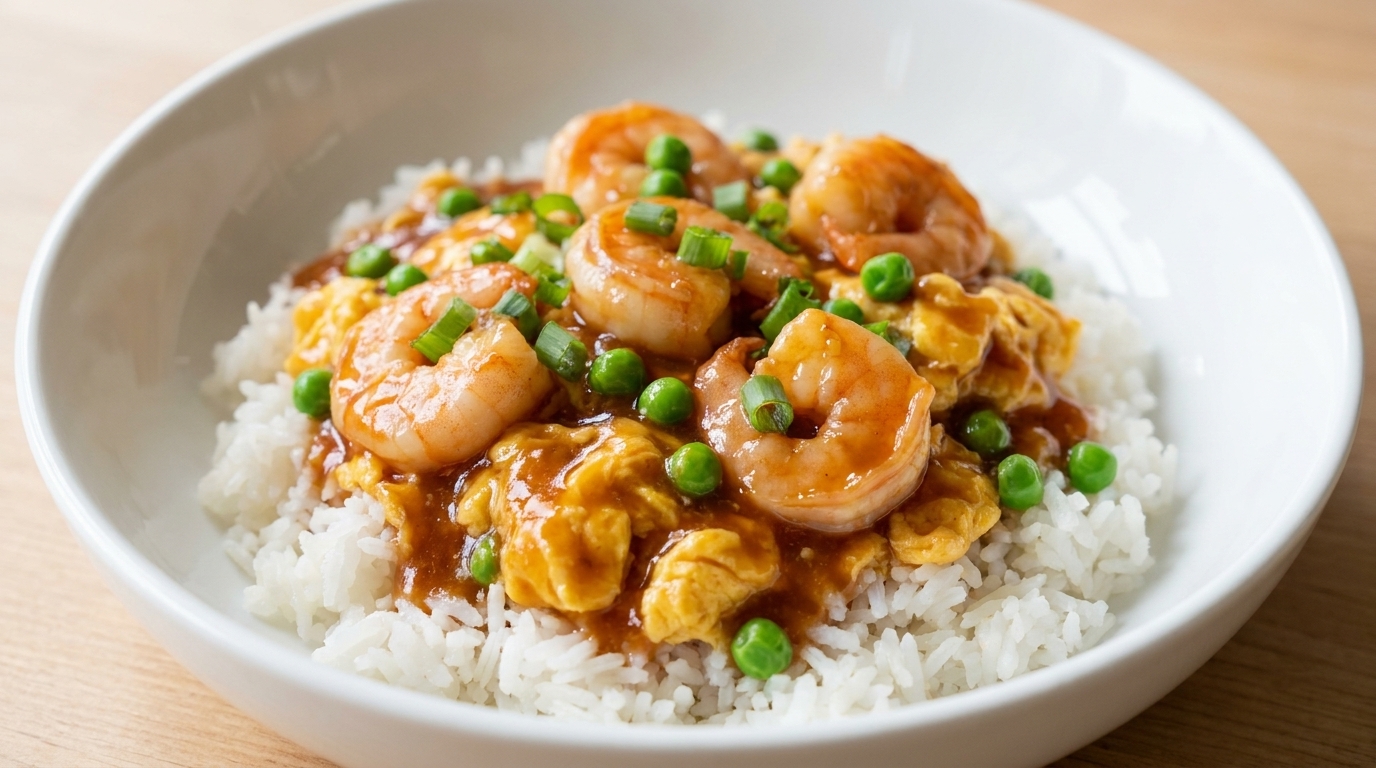 海老と卵のふわとろ中華丼：プリプリ食感と絶妙な旨味