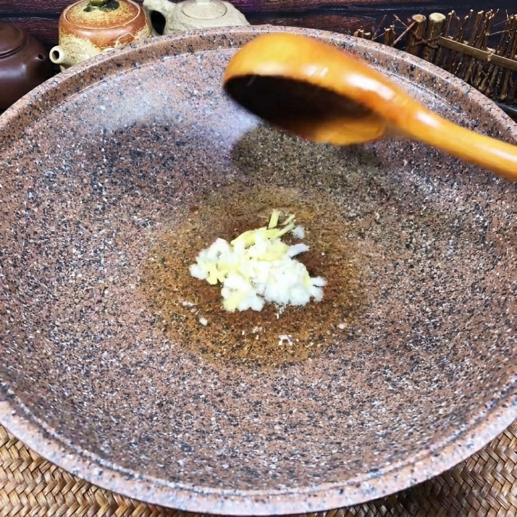 フライパンの油の中で、みじん切りのにんにくと生姜がシュワシュワと泡立ちながら炒められている様子。