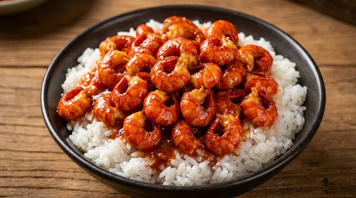 プリプリ！ザリガニの尾の身の旨辛炒め丼（麻辣ザリガニ丼）