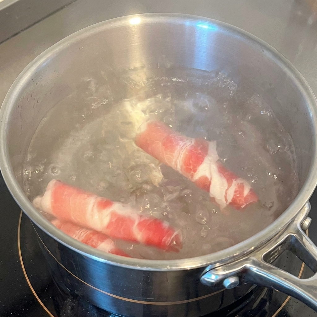 沸騰した鍋に牛薄切り肉を入れて下茹でしている様子。