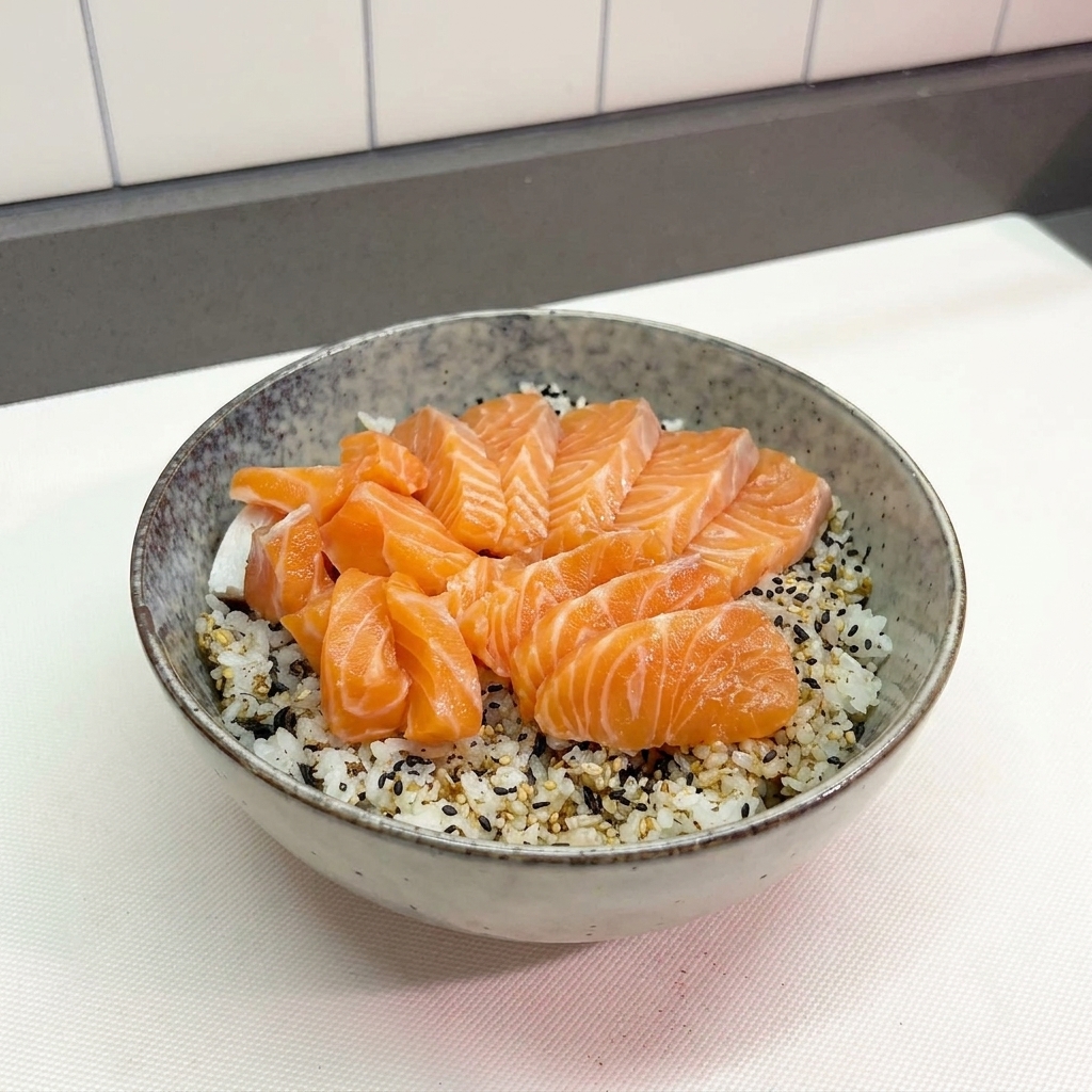 海苔とごまを散らしたご飯の上に、新鮮なサーモンの刺身を並べている様子。