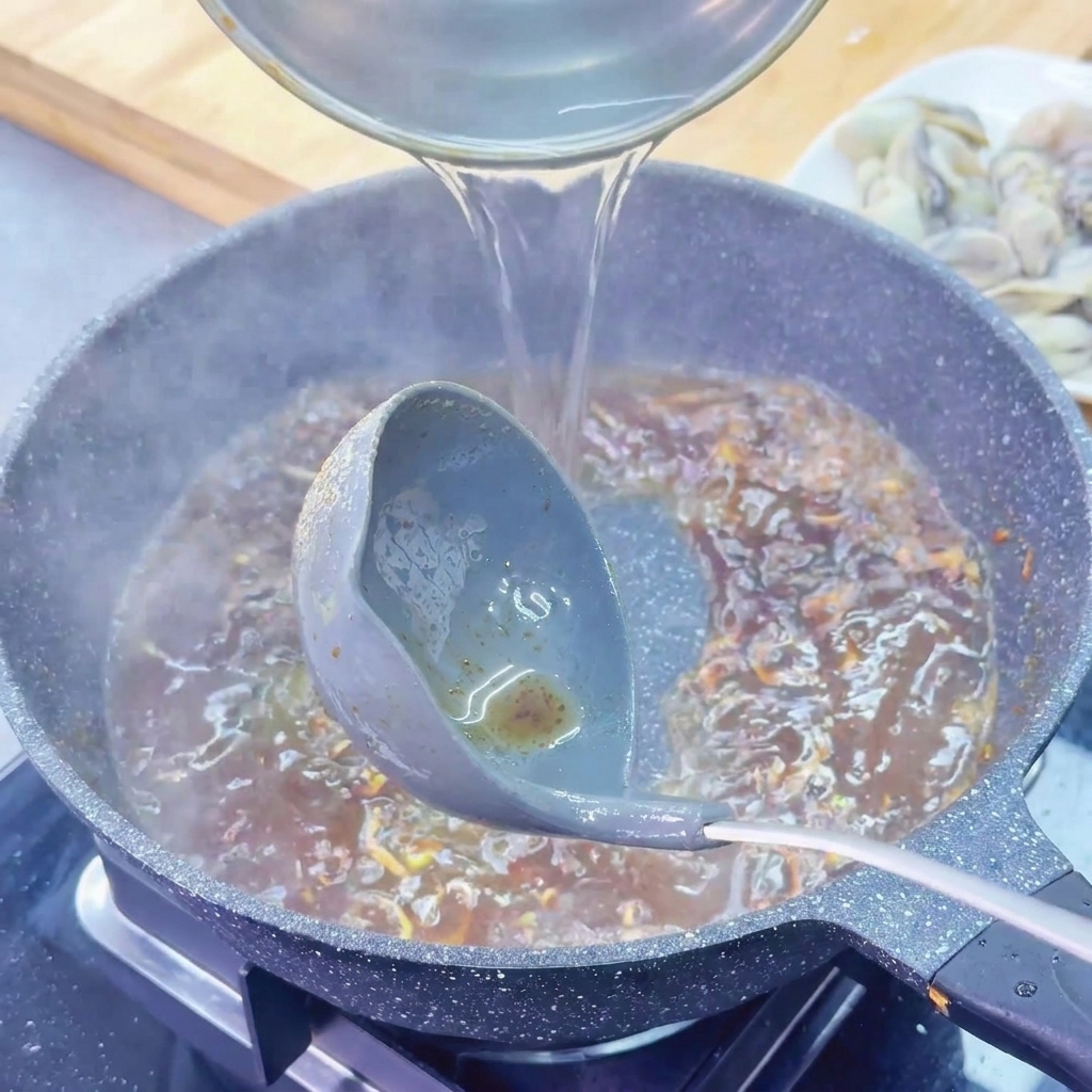 茶色のソースが入ったフライパンに、お玉で熱いお湯を注いでいる様子。