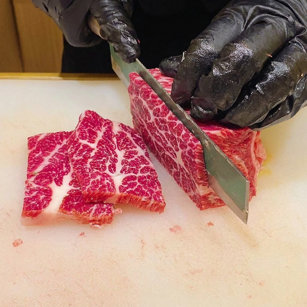 白いまな板の上で、鋭い包丁を使って霜降りの肉ブロックを均一な厚さにスライスしている接写カット。