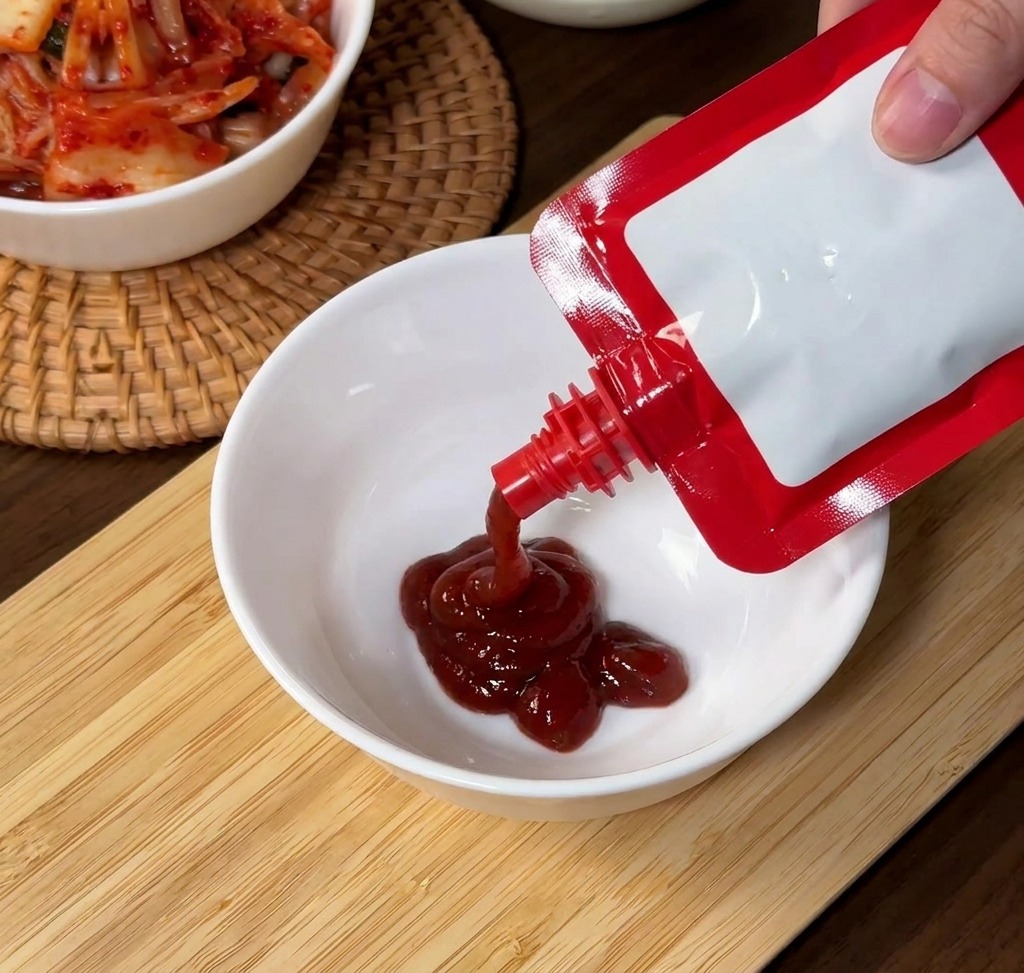 赤い容器から白い器に鮮やかな赤色のコチュジャンを絞り出している様子。