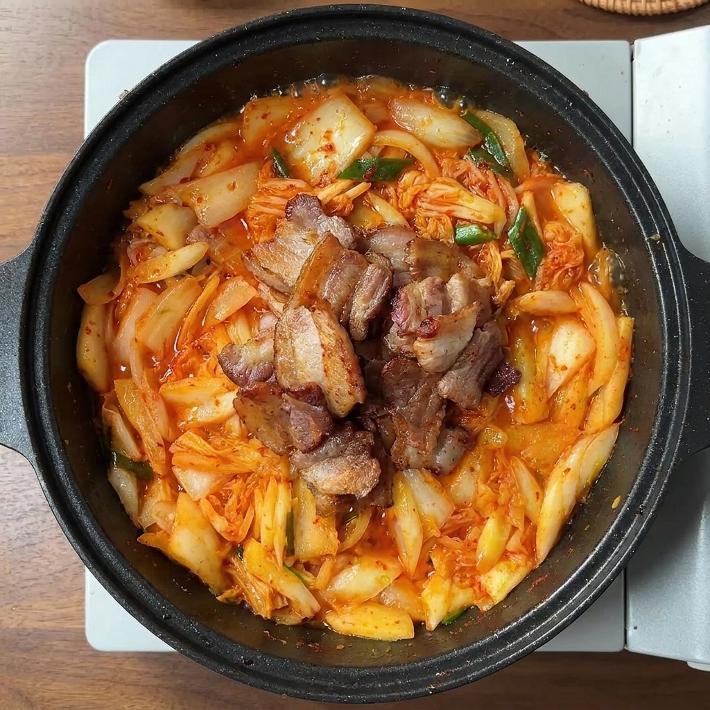 炒めたキムチと玉ねぎの上に、焼いた豚バラ肉がのっている様子。