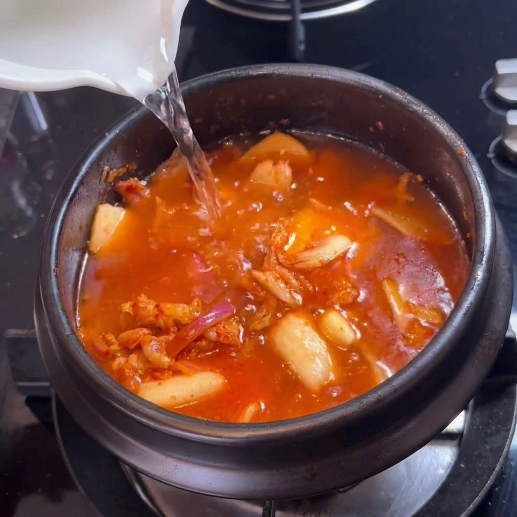 キムチ、豚肉、玉ねぎが入った暗色の鍋に、白いピッチャーから透明な水を注いでいる様子。