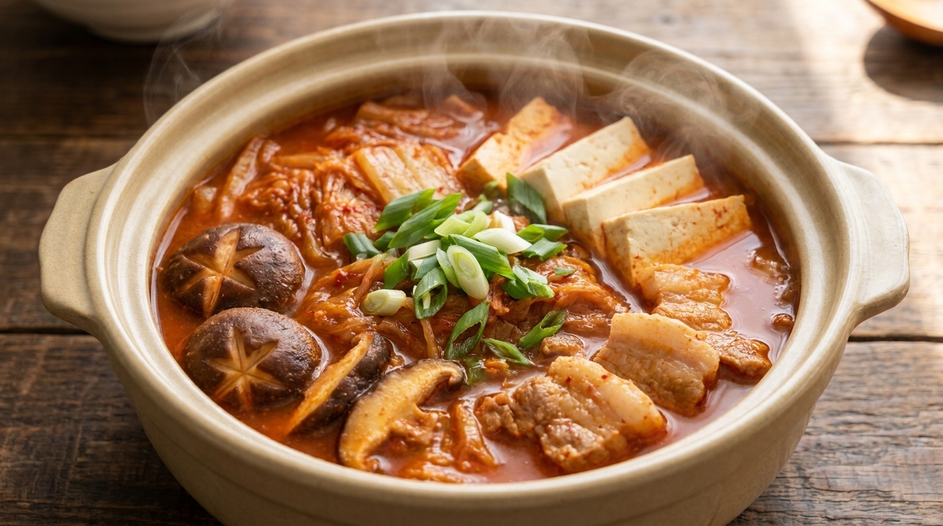 熱々の土鍋で煮込まれた、豚バラ肉、豆腐、しいたけがたっぷり入った真っ赤なキムチチゲ。