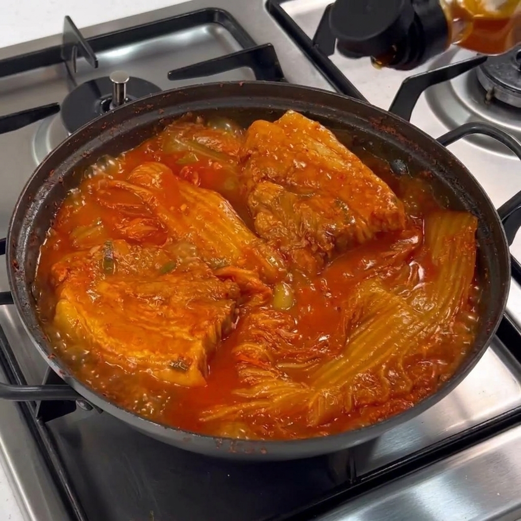 煮上がったキムチチムに、ボトルの油を回しかけて仕上げている様子。
