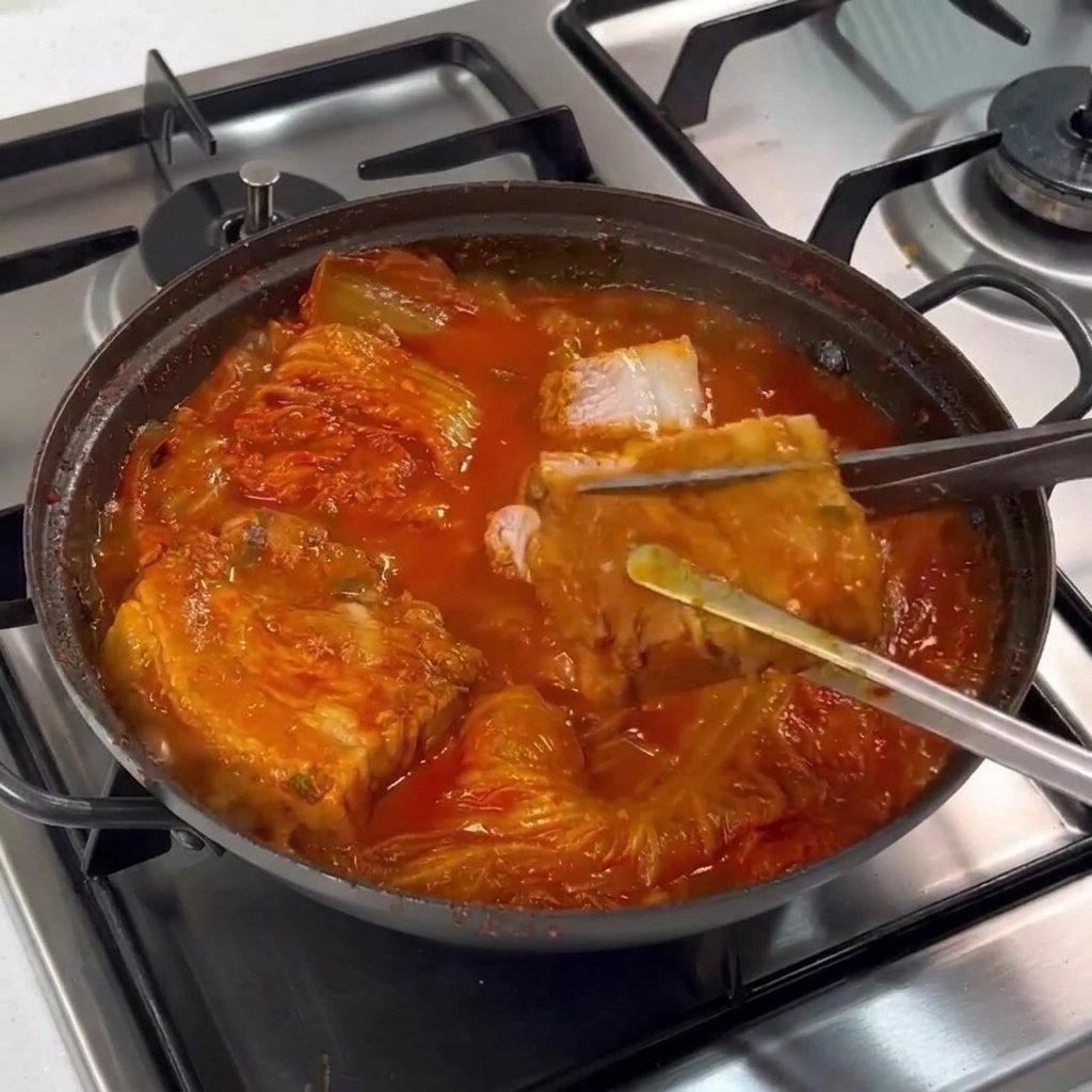 トングで持ち上げた豚肉をハサミでカットしている様子。