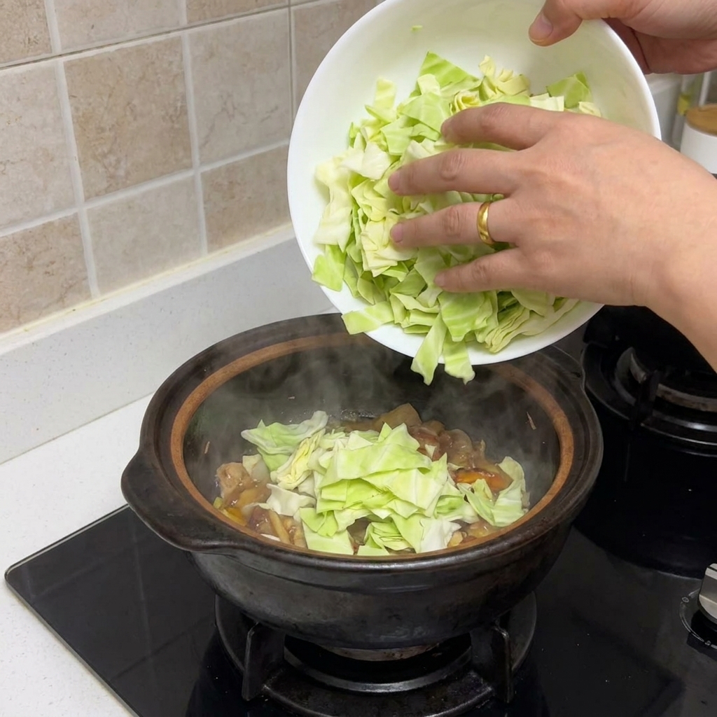 炒めた玉ねぎとしいたけの入った鍋に、刻んだキャベツを加えている様子。