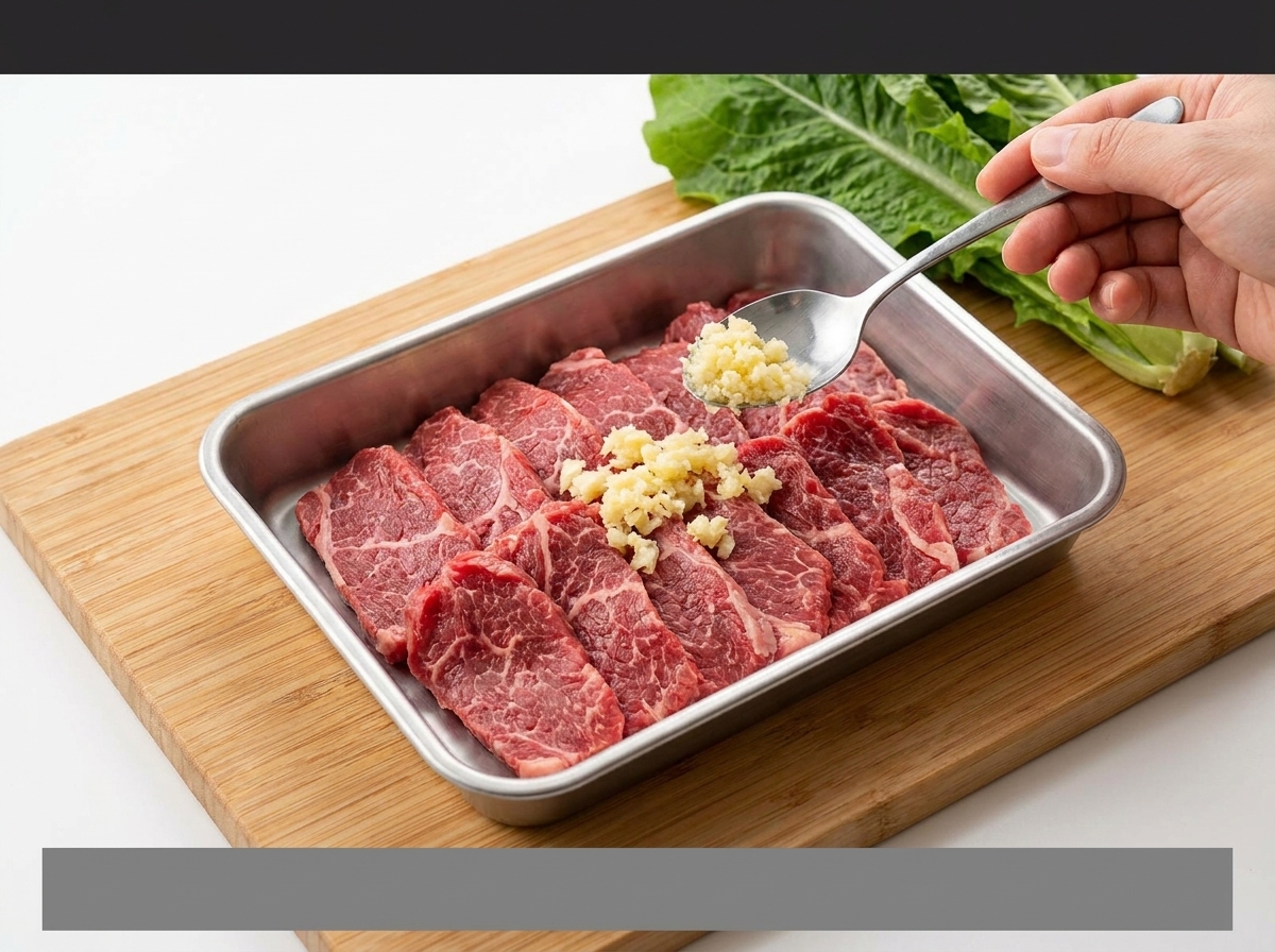 バットに広げた生の牛肉に、にんにくや赤いスパイスをのせている様子。