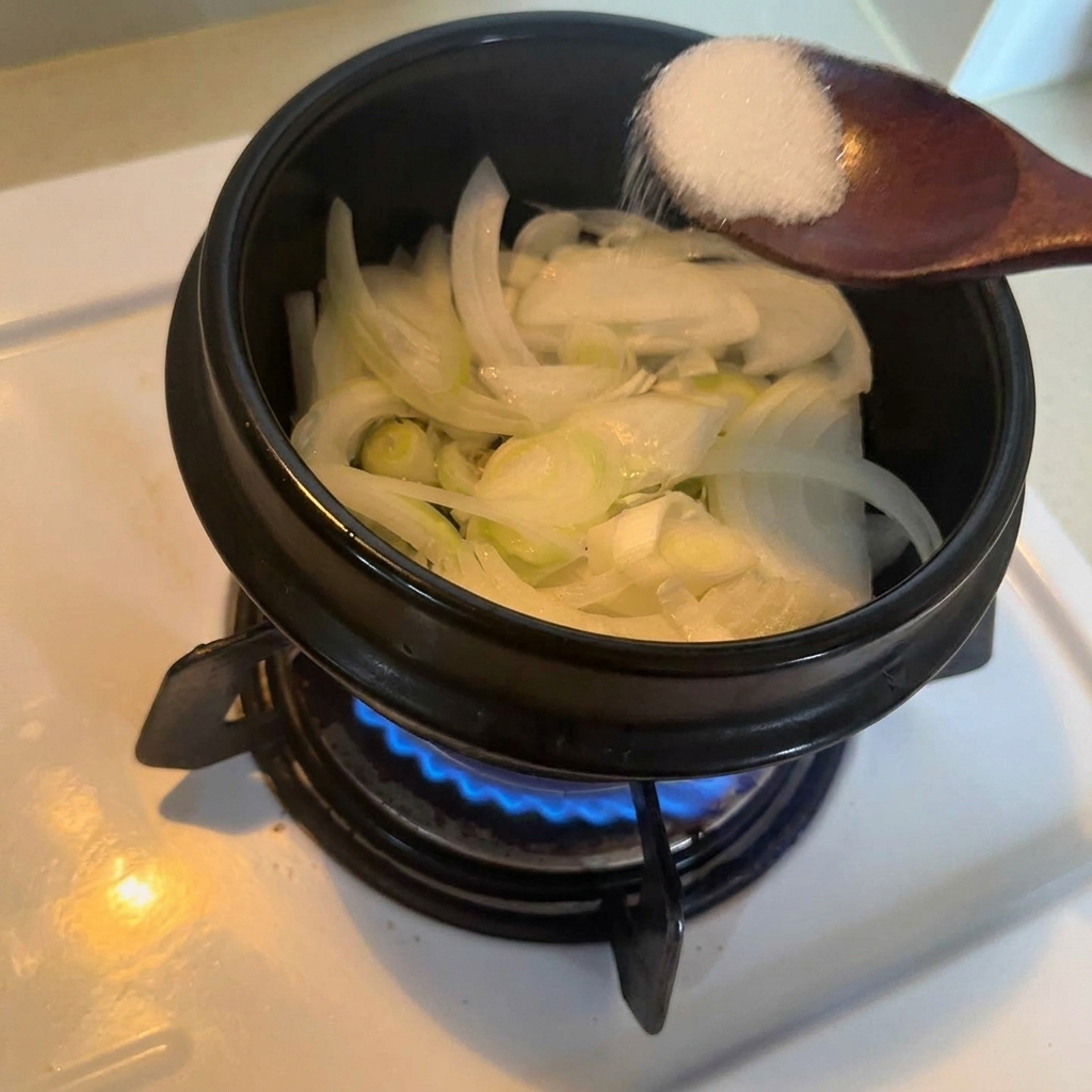 玉ねぎとねぎが入った鍋に、木製のスプーンで白砂糖を加えている様子。