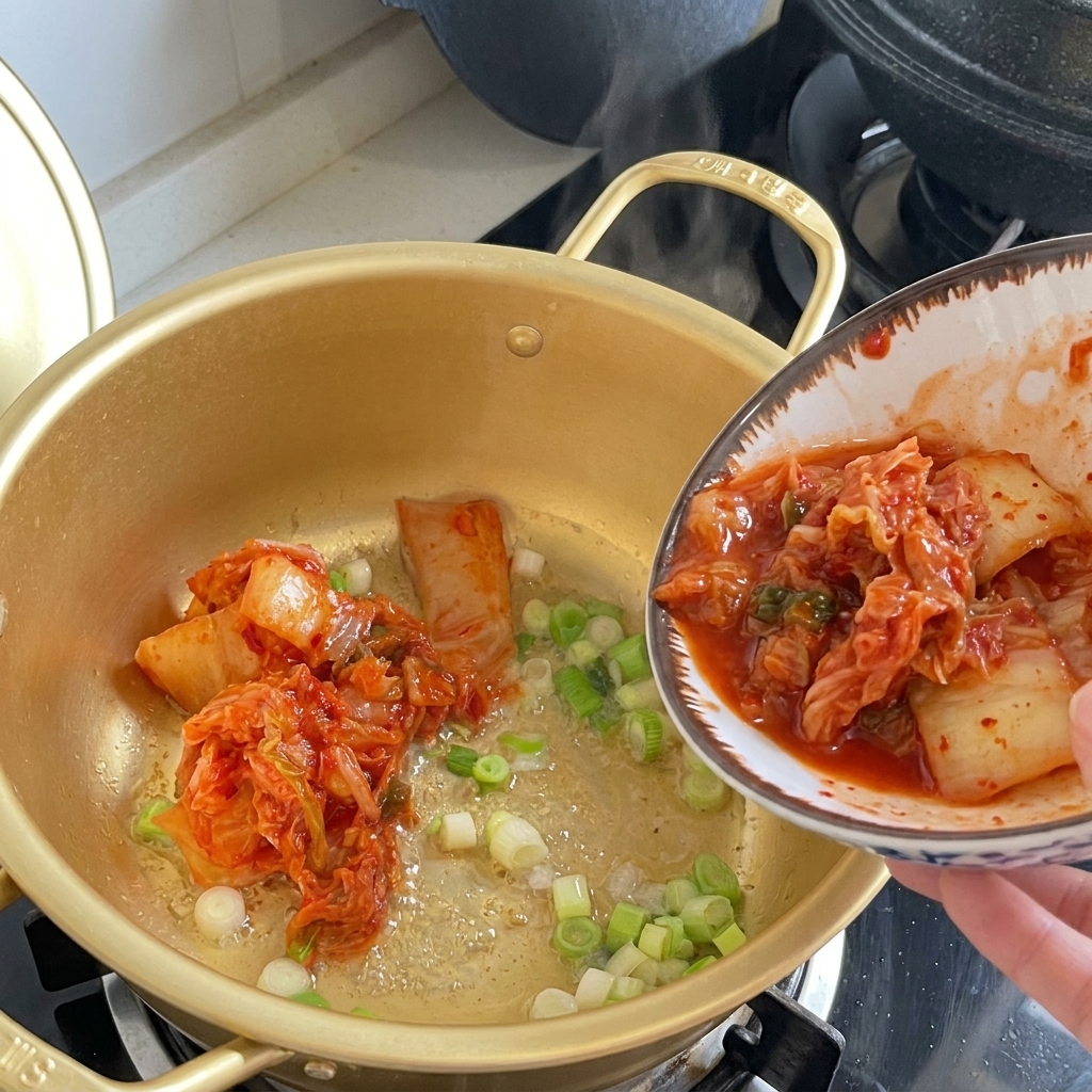 箸を使ってボウルから白菜キムチを鍋に移している様子。