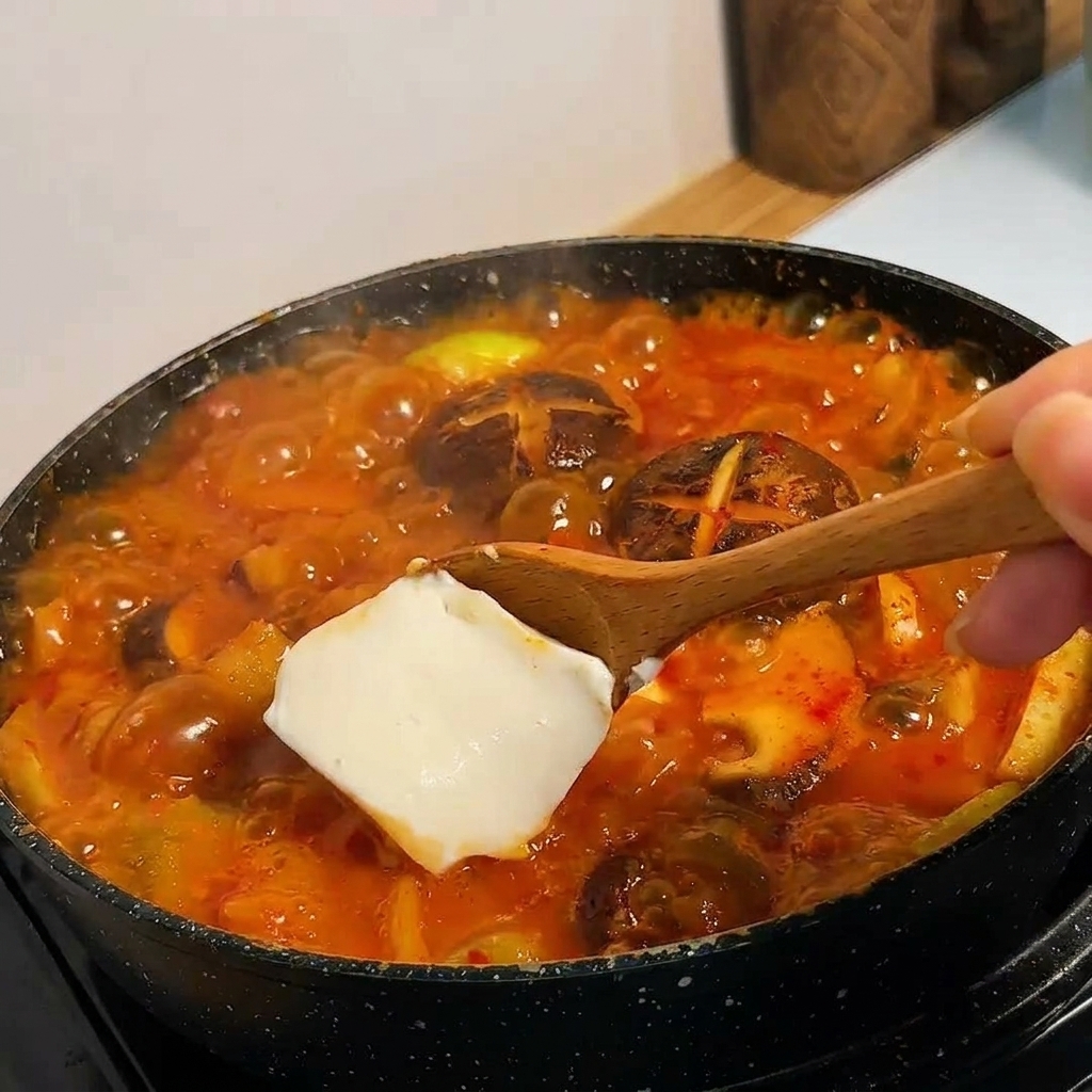 グツグツ煮え立つ赤いスープに大きな豆腐の塊をそっと入れている様子。