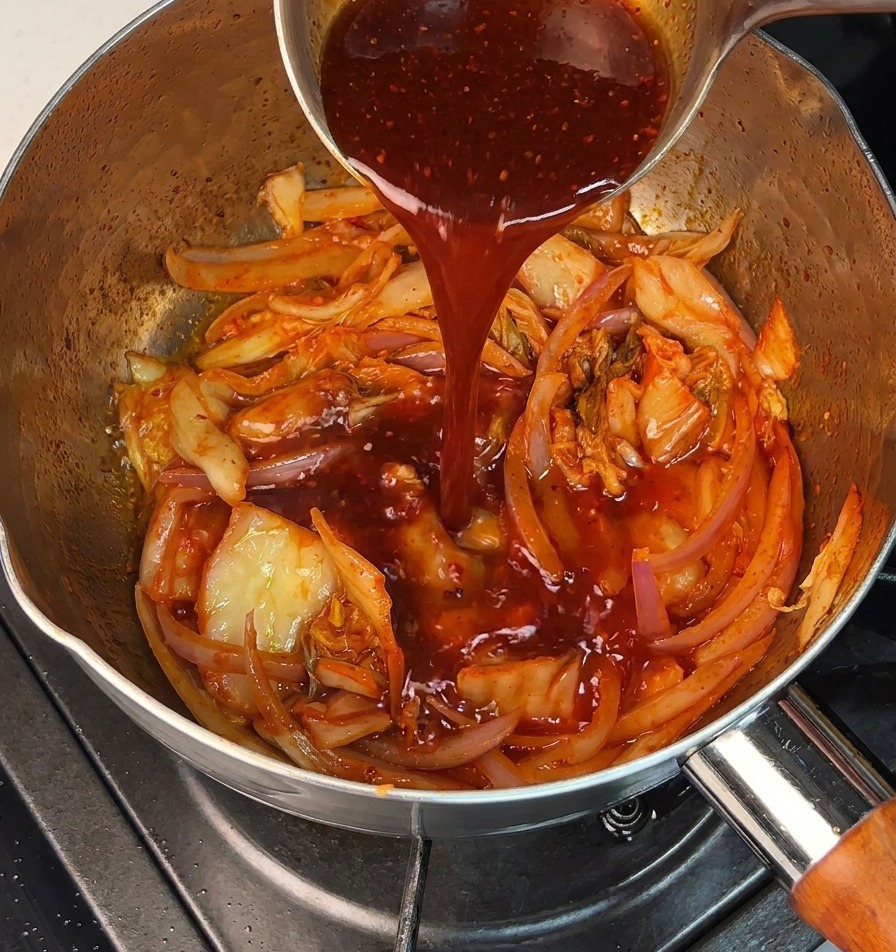 炒めた具材の上に赤い合わせ調味料を注いでいる様子