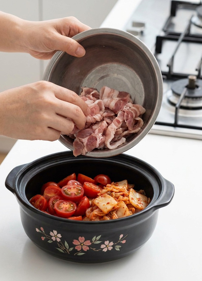 鍋の中の野菜の上に、生の豚バラ肉のスライスを重ねて入れている様子
