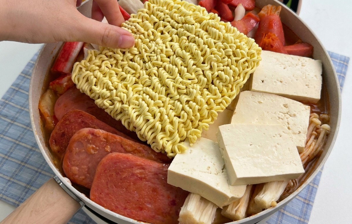 鍋の中央に乾燥したインスタントラーメンを乗せる様子