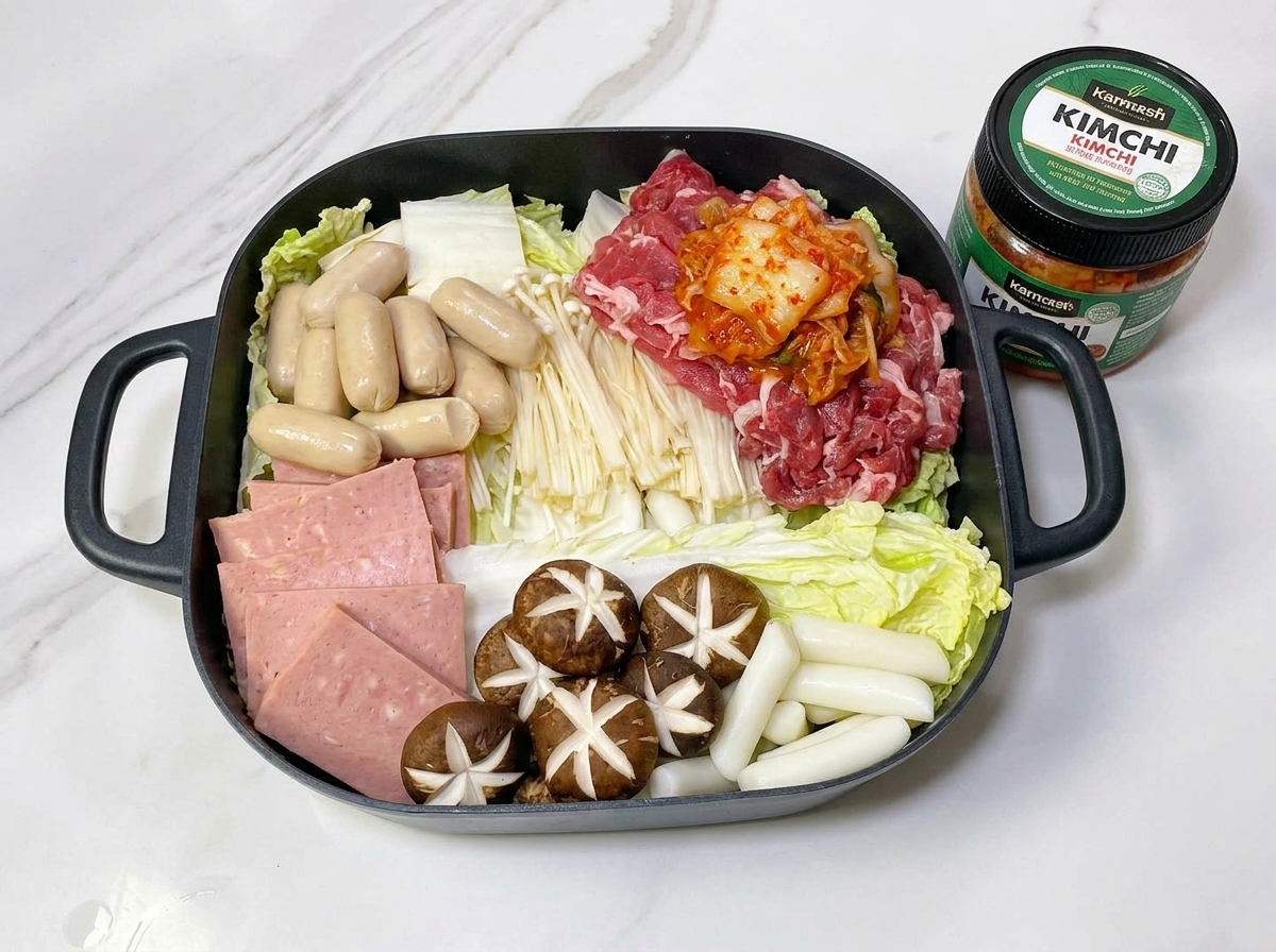 牛肉、ソーセージ、キムチ、トックなどが彩りよく並べられた鍋の様子。