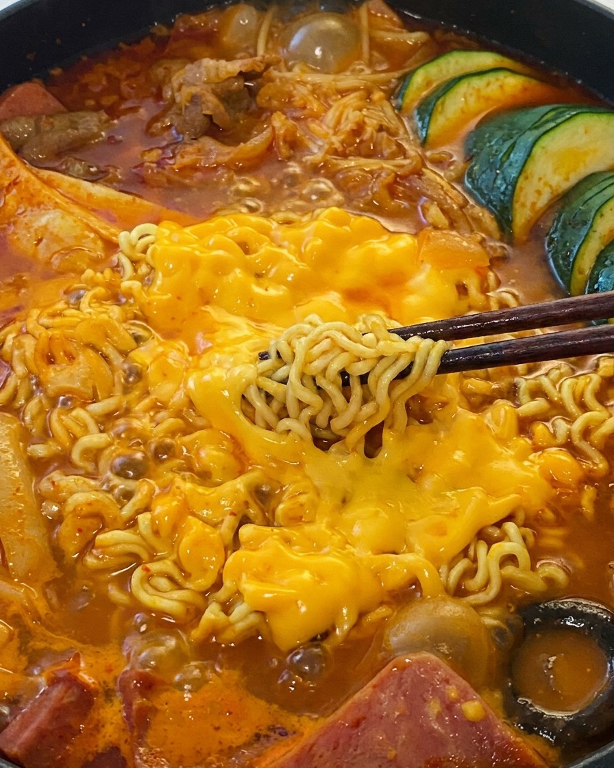 とろけたチーズが絡んだインスタントラーメンを箸で持ち上げている熱々のショット。