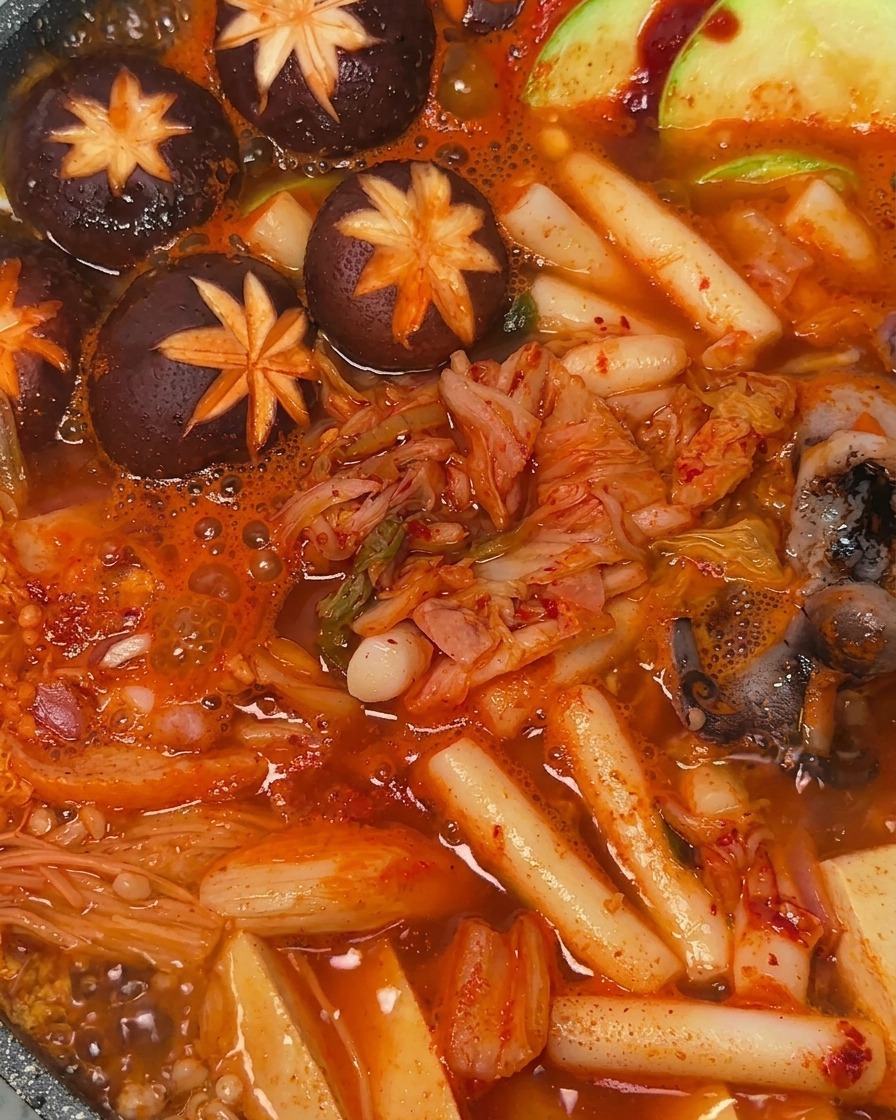 グツグツと煮え始めた鍋の中心に、熟成キムチをのせている様子