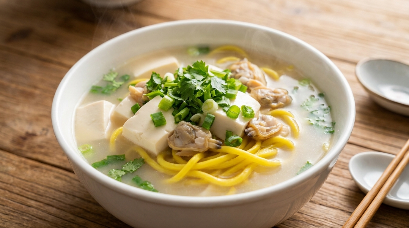 丹東名物：白ハマグリと絹ごし豆腐のスープ麺（チャーズ）